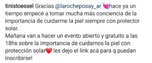 Campaña de Tini para La Roche Posay 4 El posteo de Tini en Instagram promocionando el protector de La Roche Posay